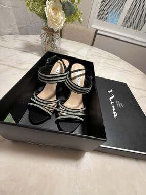 Nina New York Shandra-LS Black Satin Rhinestone Block Heel Sandals